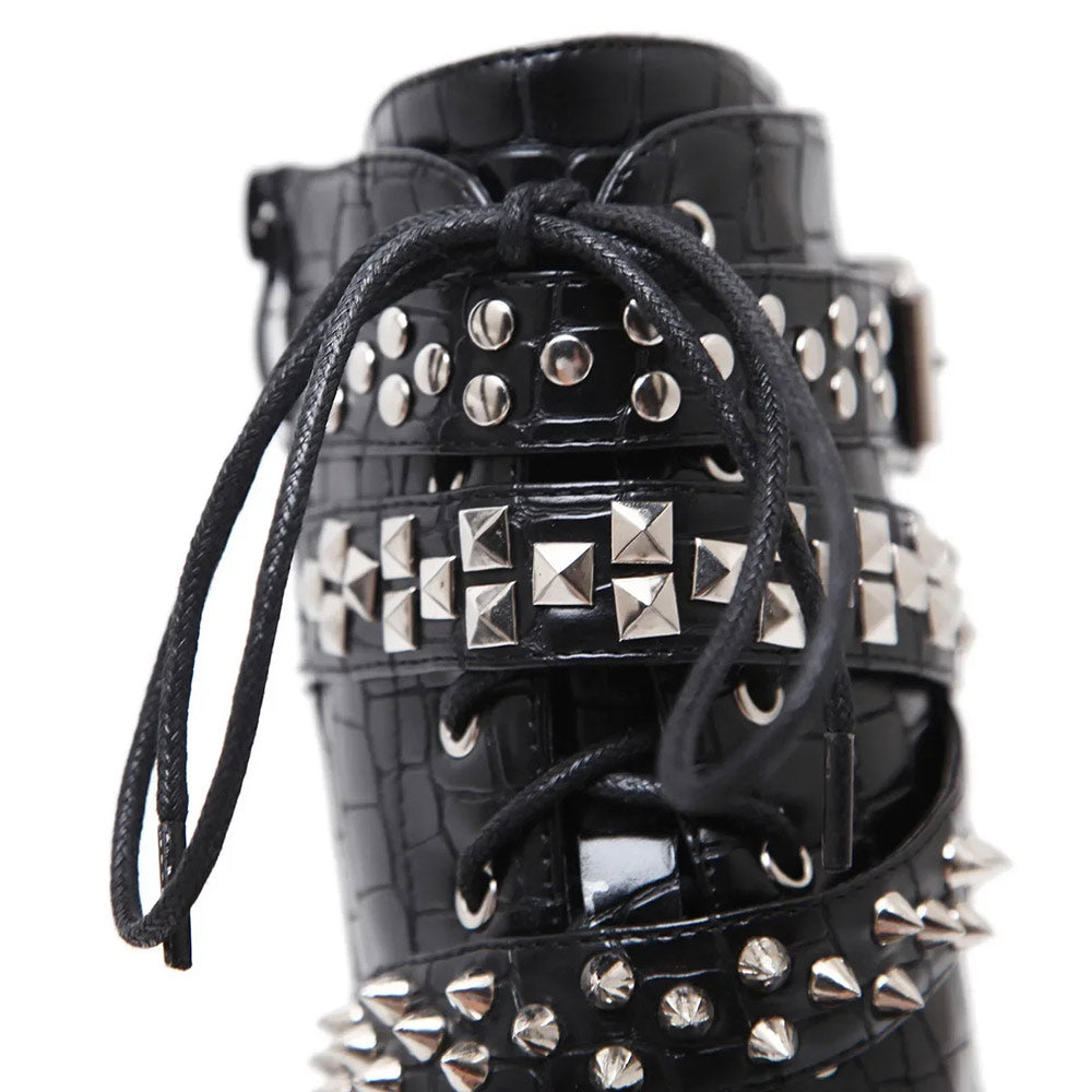 Lace Up Ankle High Heel Boots with Chains - Womens Punk Rock Shoes