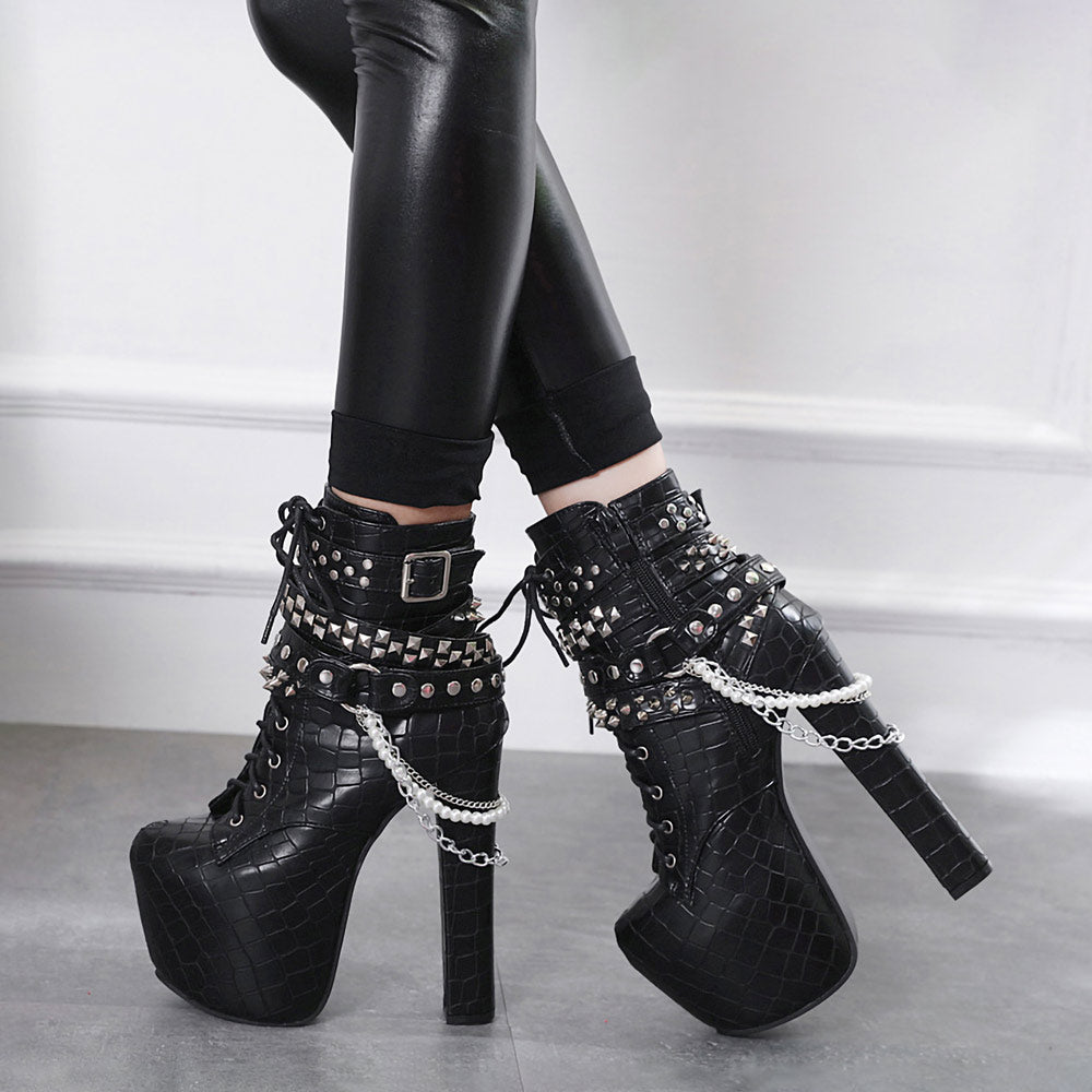 Lace Up Ankle High Heel Boots with Chains - Womens Punk Rock Shoes