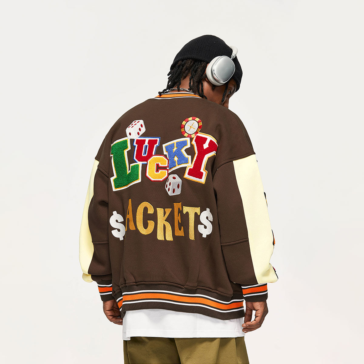 Poker Lucky Varsity Jacket - Vintage Style Baseball Jacket #color_brown
