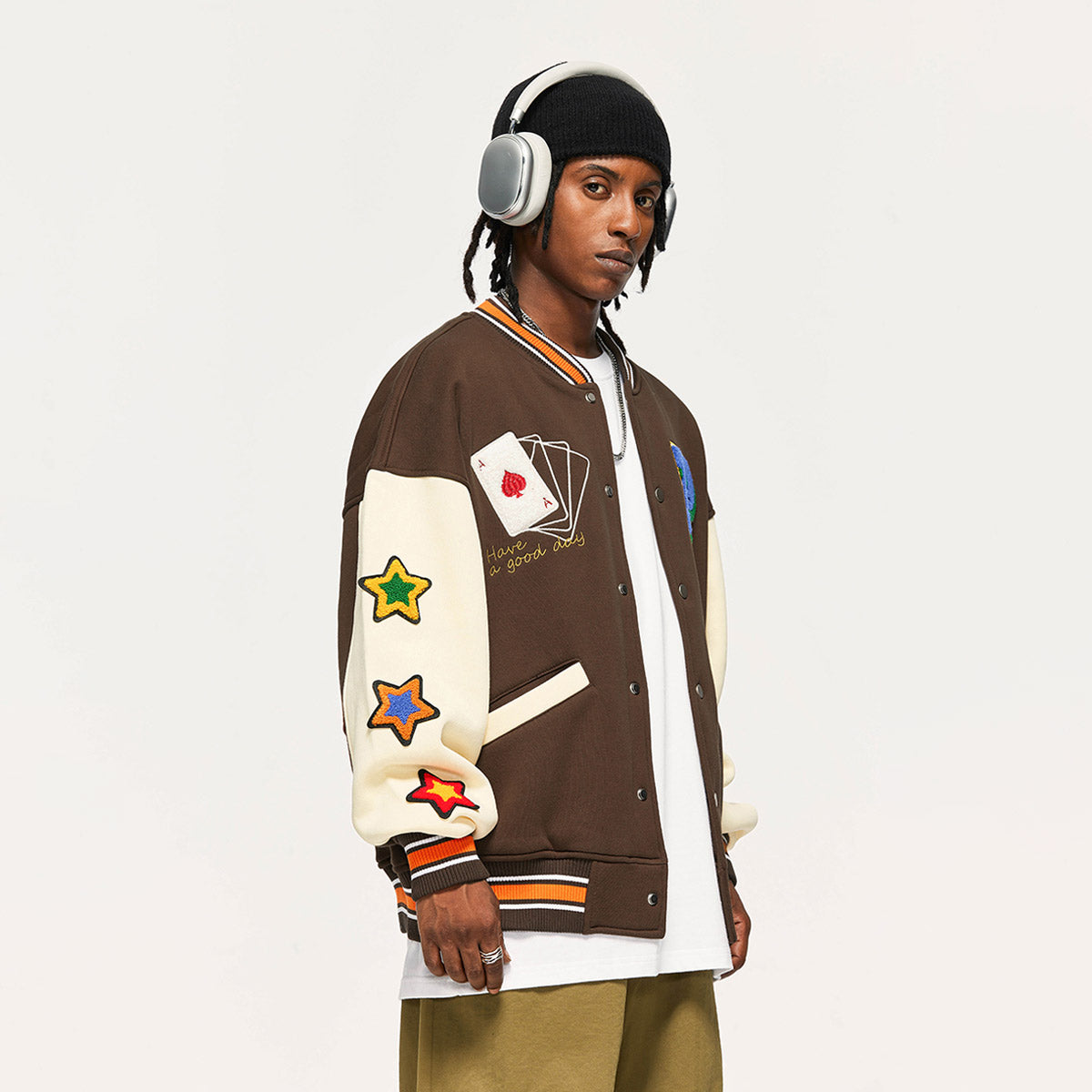 Poker Lucky Varsity Jacket - Vintage Style Baseball Jacket #color_brown