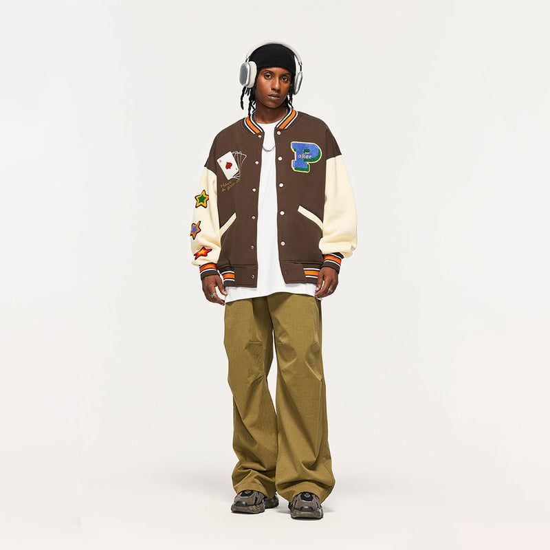 Brown Poker Lucky Varsity Jacket - Stylish Outerwear with Poker-themed Design