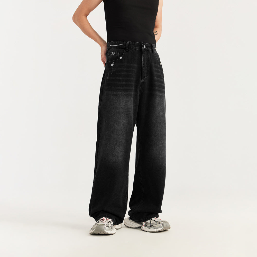 Trendy Retro Baggy Jeans - Black Denim with Metal Embellishments