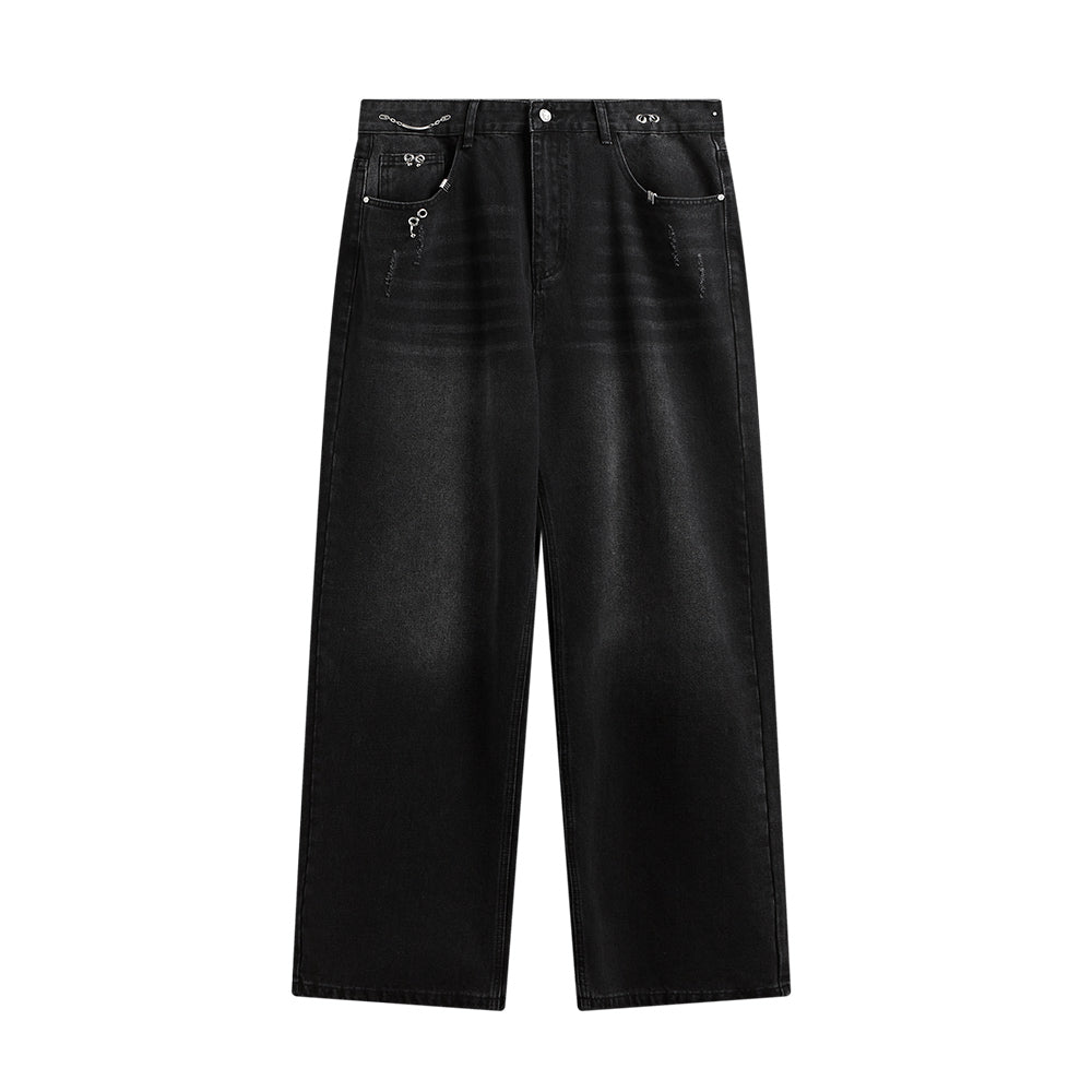 Black Retro Baggy Wide Leg Jeans with Metal Patches - Denim Fashion