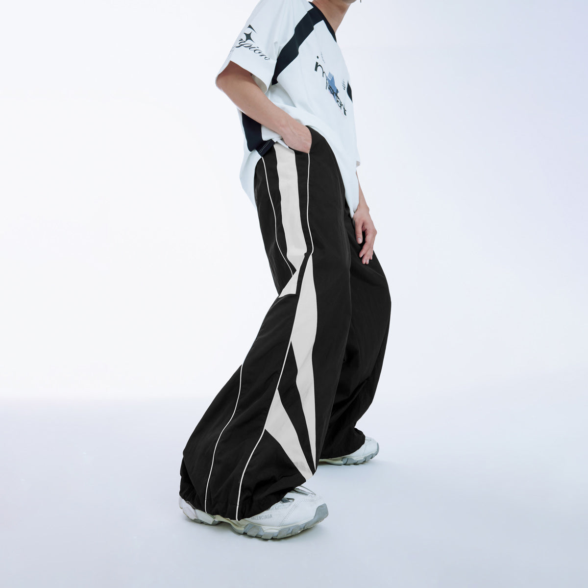 Vintage-Inspired Black Track Pants - Wide Leg Design