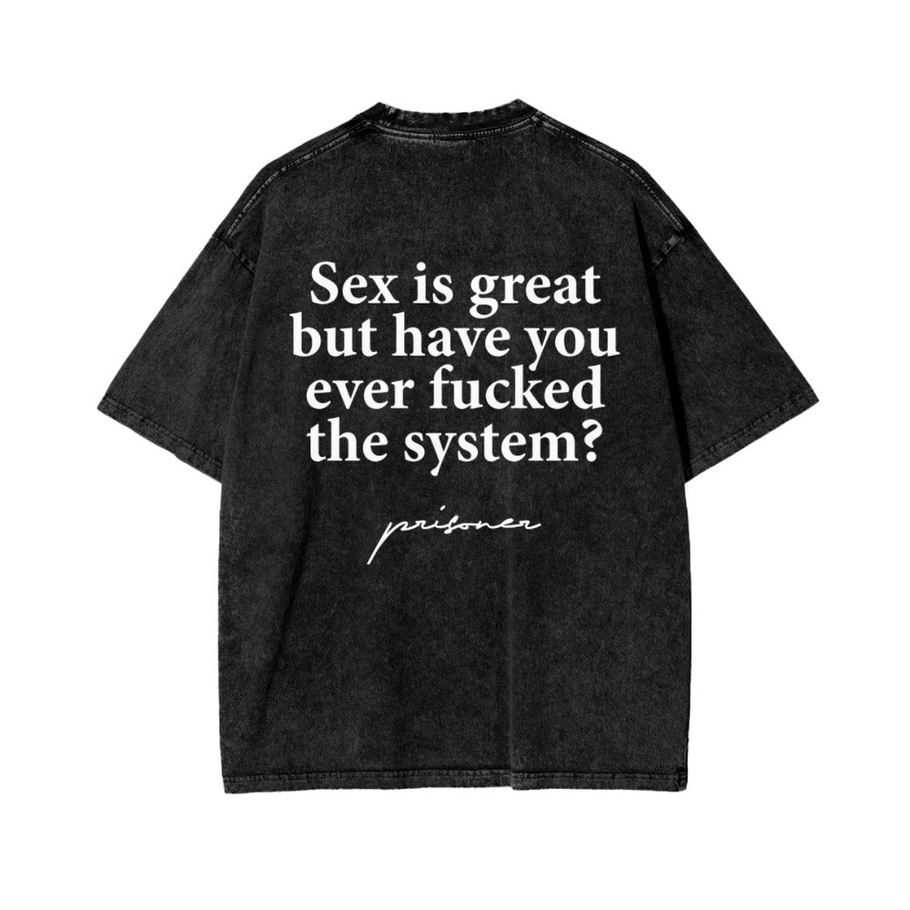 Vintage Style Tee with Bold Quote on Back - Sex is great but have you ever fucked the system?