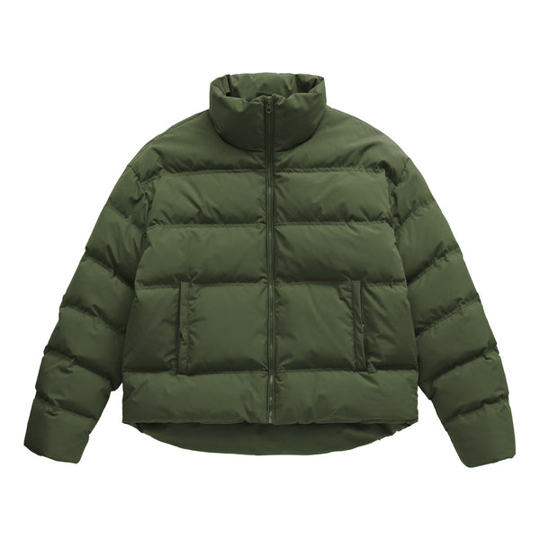 Front view of the Short Puffer Jacket in Army Green, a stylish and warm winter coat.