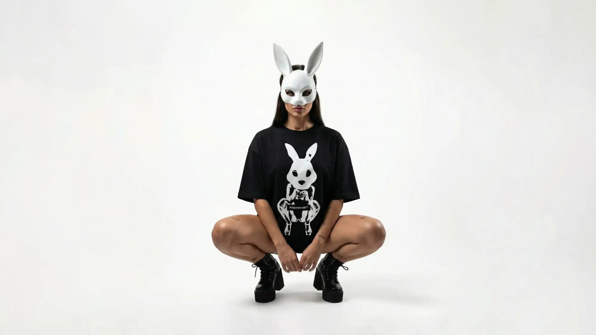 Black t-shirt with white rabbit graphic and matching white bunny mask