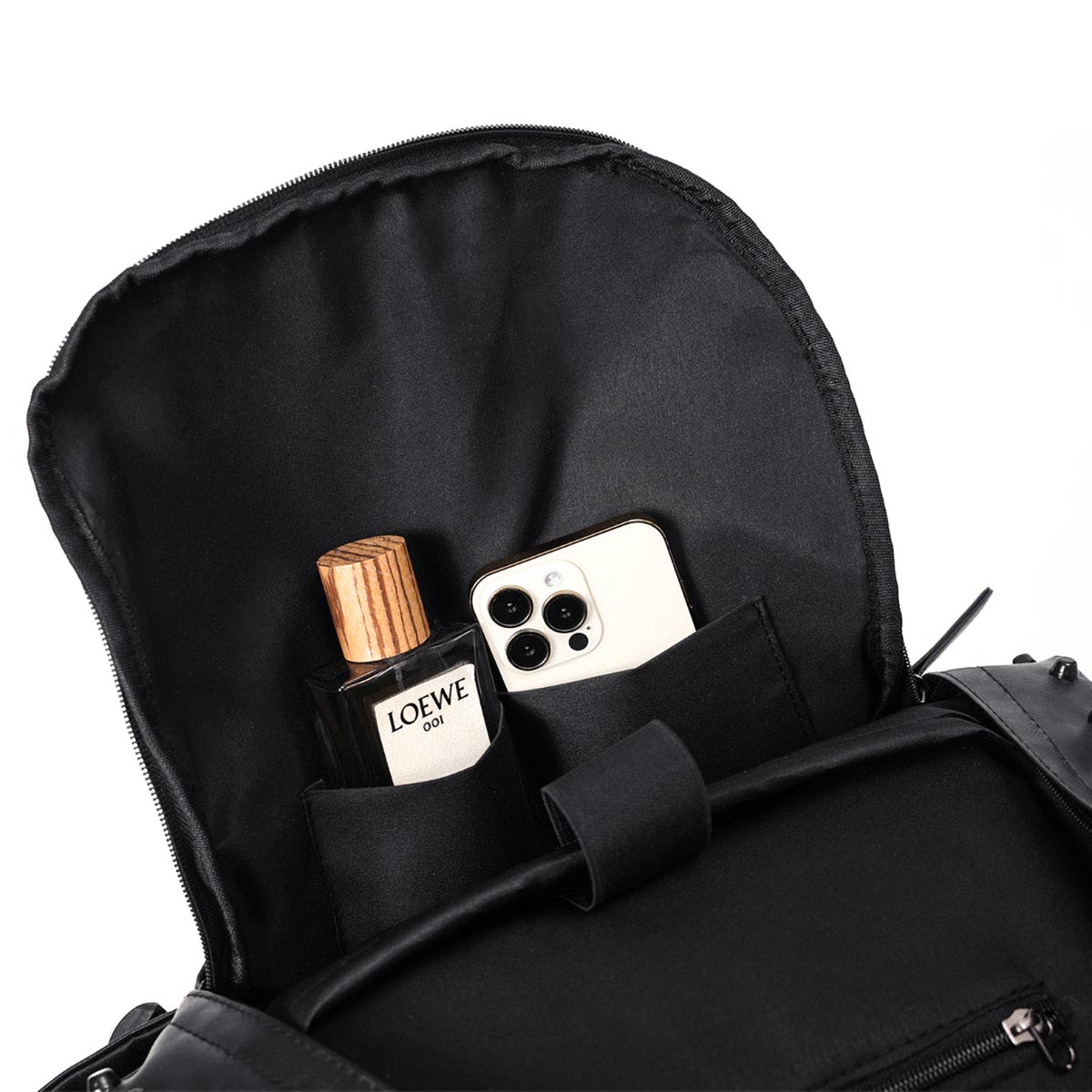 Waterproof PU Leather Backpack - Black Gothic Designer Bag Interior View
