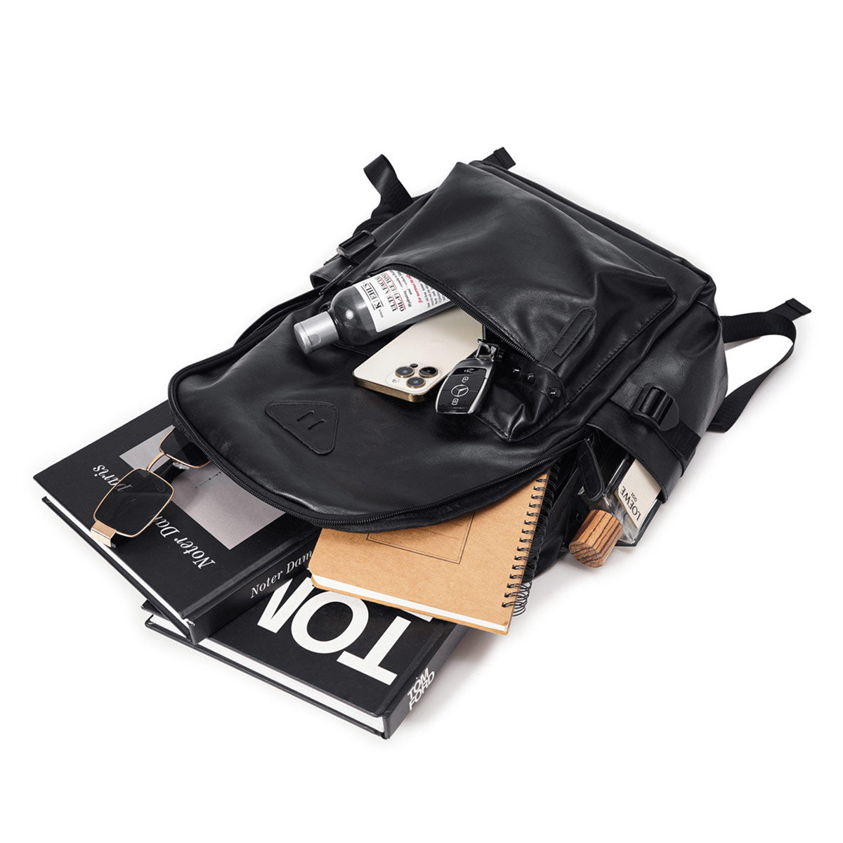 Black PU Leather Designer Backpack - Exterior Flap Pocket