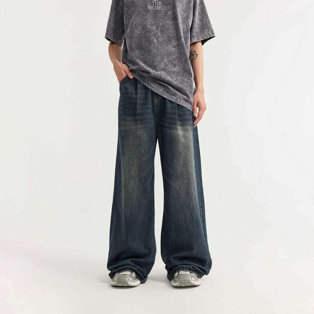Wide leg jeans - trendy unisex denim trousers in deep blue