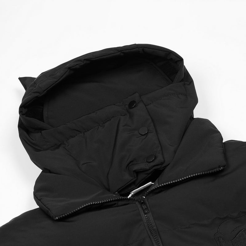 Winter Chic: Black Devil Horn Jacket with Removable Hood