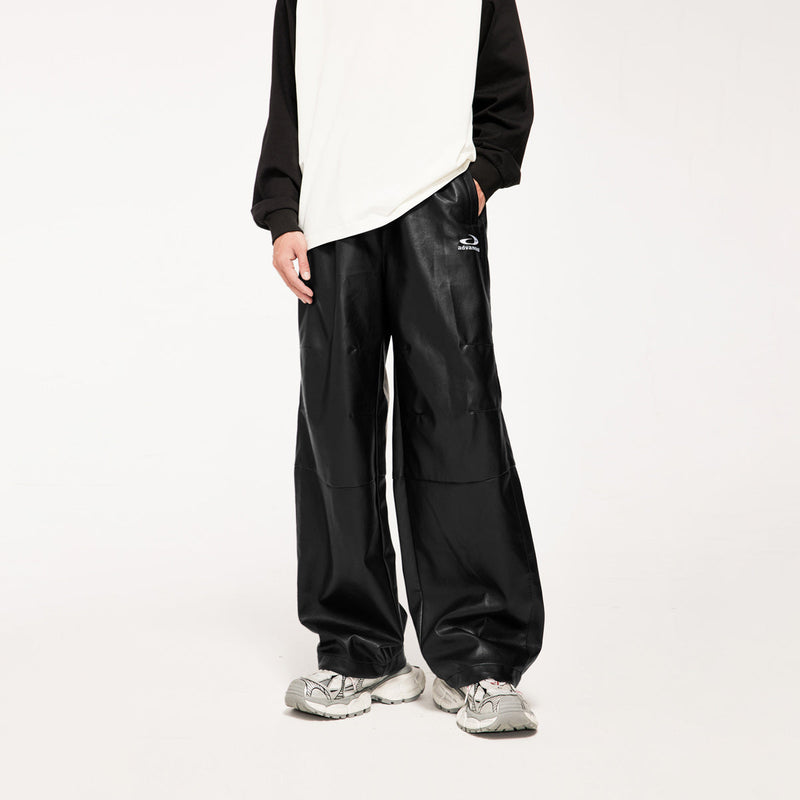 Hip-Hop Inspired Faux Leather Straight Leg Pants in Black