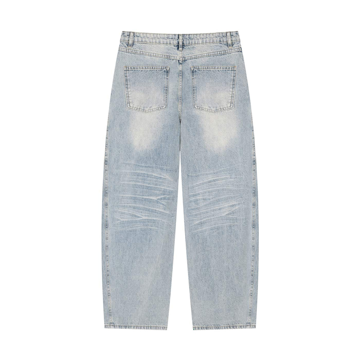 Flat lay of vintage wash wide leg denim pants, back view showing back patch pockets