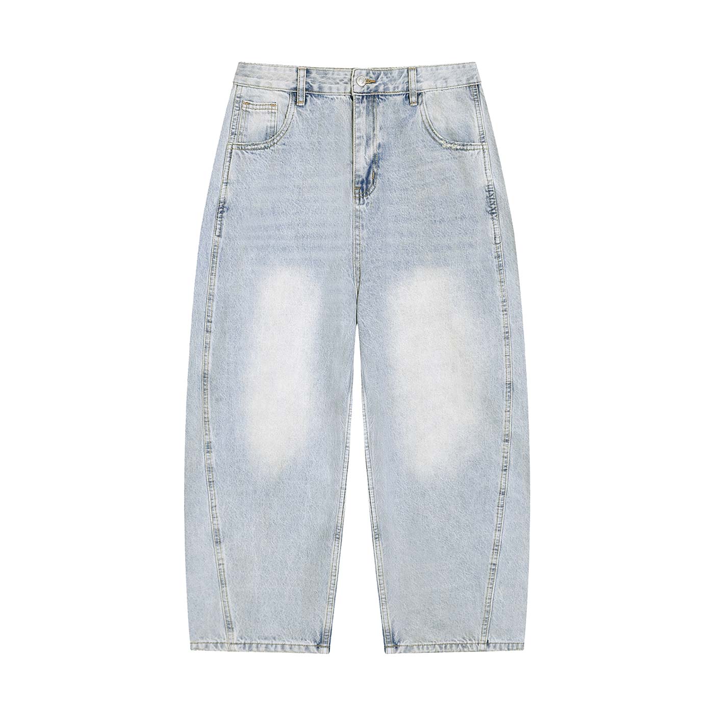 Flat lay of light wash barrel jeans, front, with bleached vintage wash and zip fly