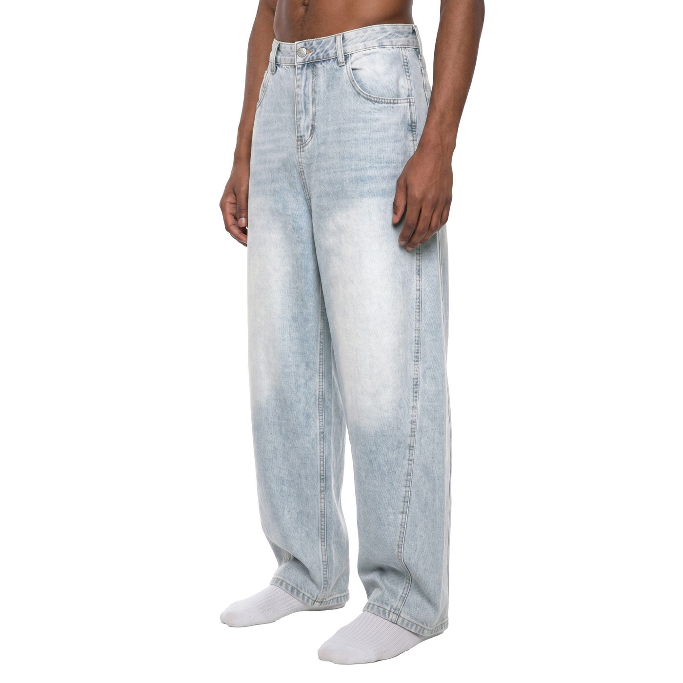 Light blue barrel leg jeans, front angle view showing relaxed fit and contrast topstitching