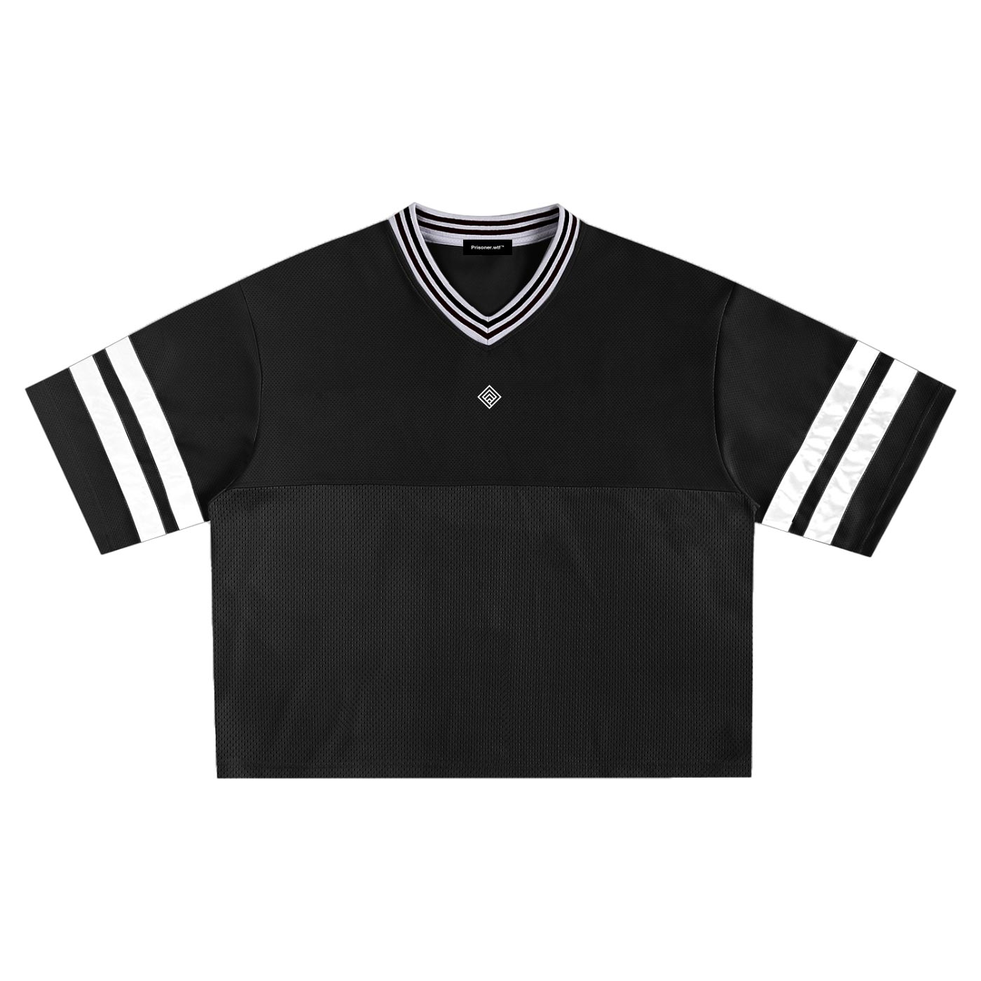 Mesh Boxy Jersey Tee in black – front view of oversized football shirt with striped V-neck, taped sleeve stripes and Prisoner.wtf chest print