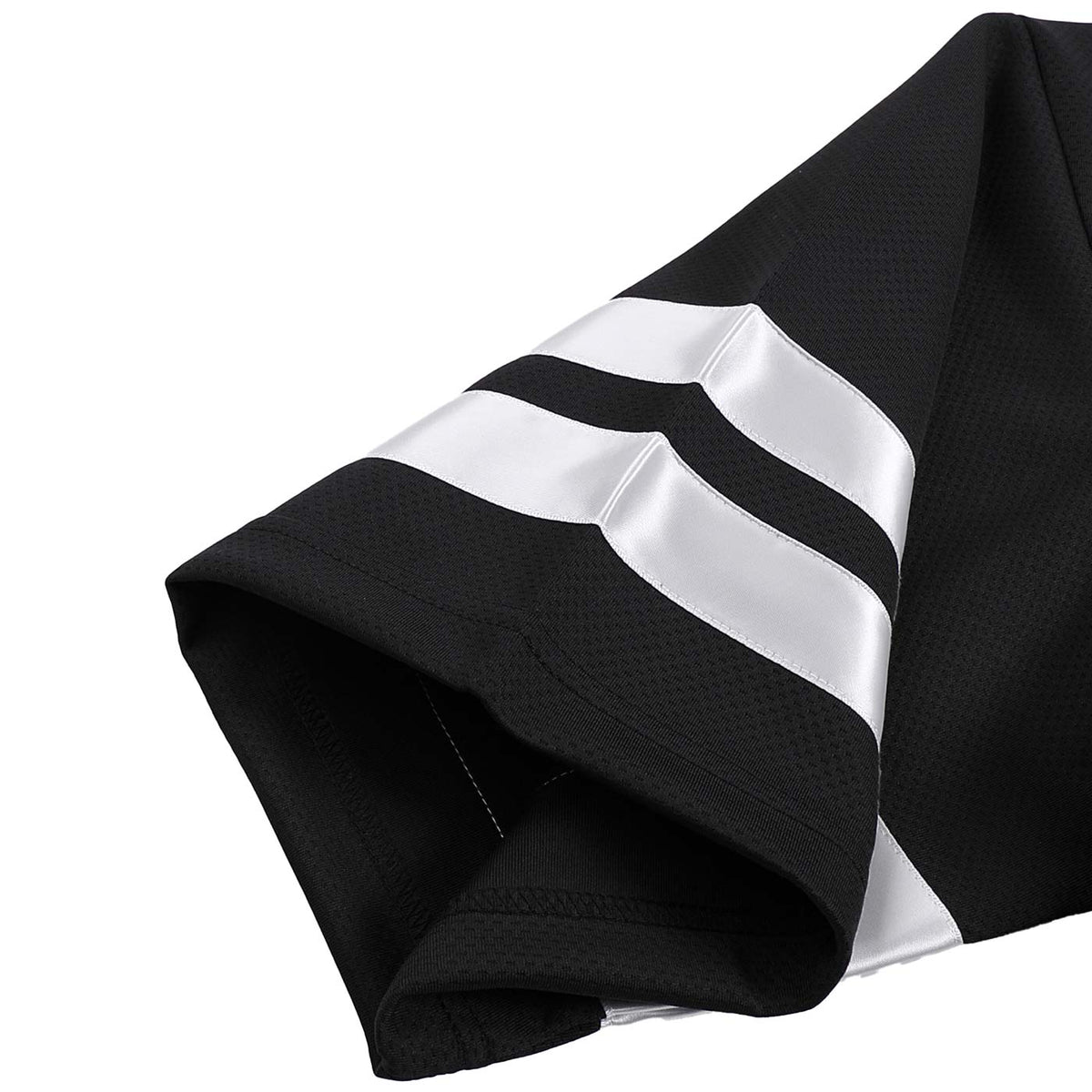 Close-up of taped white sleeve stripes on black Mesh Boxy Jersey Tee oversized football shirt