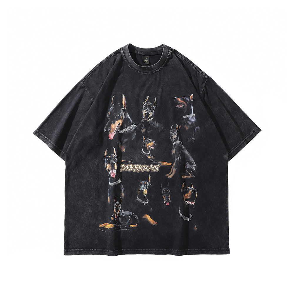 Oversized Acid Wash Doberman T-Shirt - Retro Vintage Dog Tee