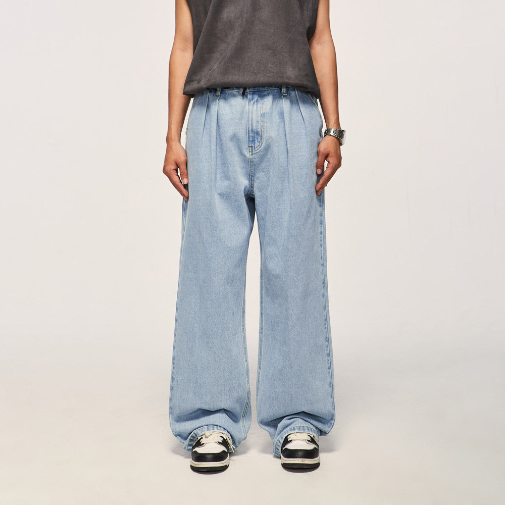 Vintage Style Baggy Wide Leg Jeans - Light Blue Skate Denim Pants