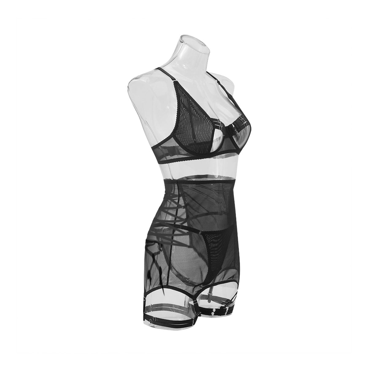 Black mesh lingerie set - bra, panty, skirt with garter straps