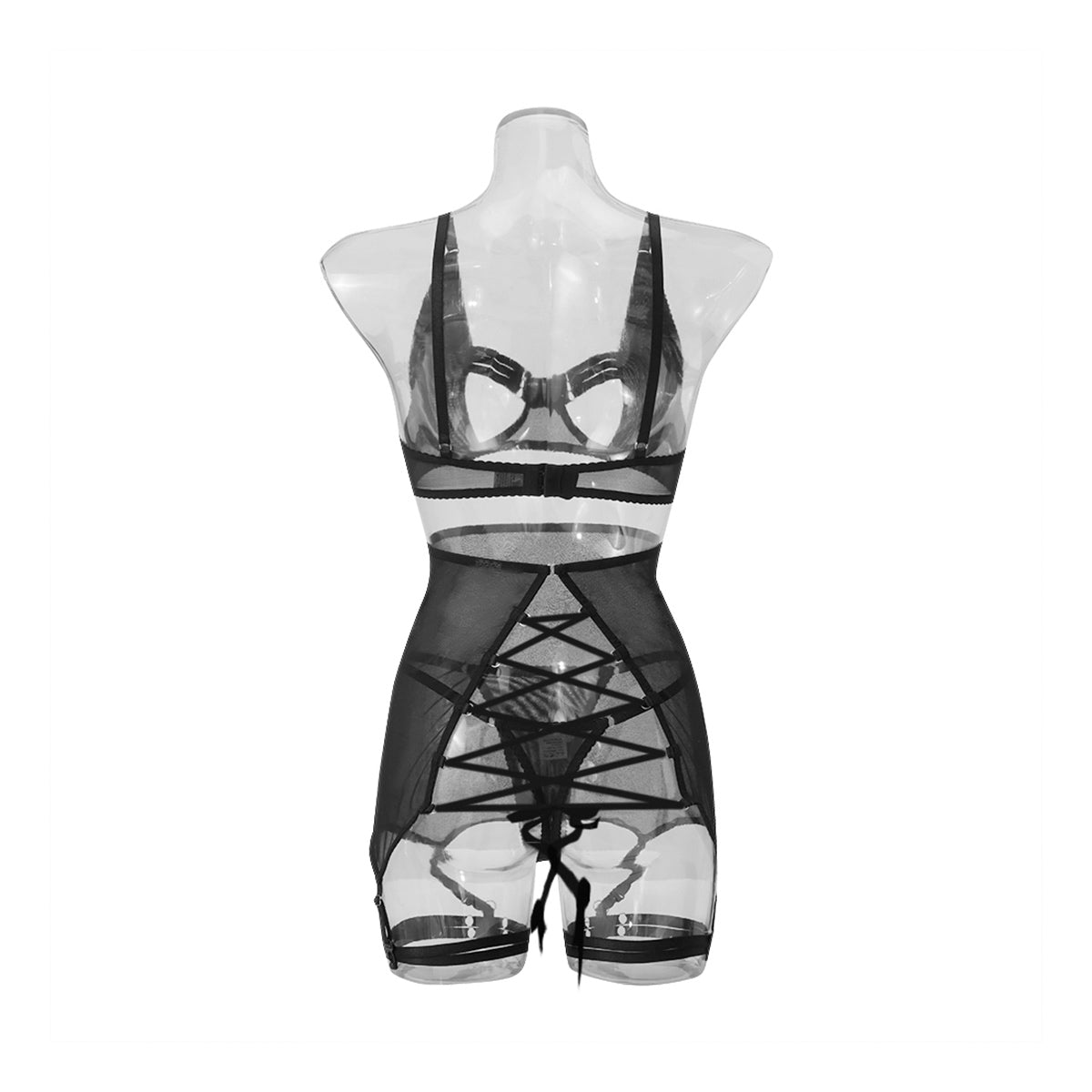 Alluring 4-piece mesh lingerie set featuring black transparent skirt