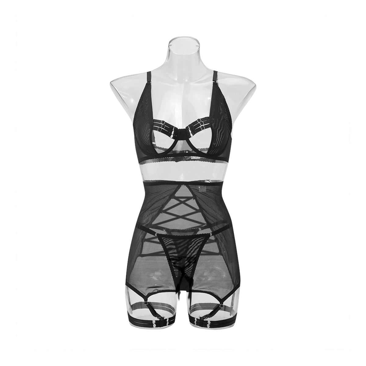 Seductive 4-piece black mesh lingerie set with 3/4 cup bra and sheer skirt