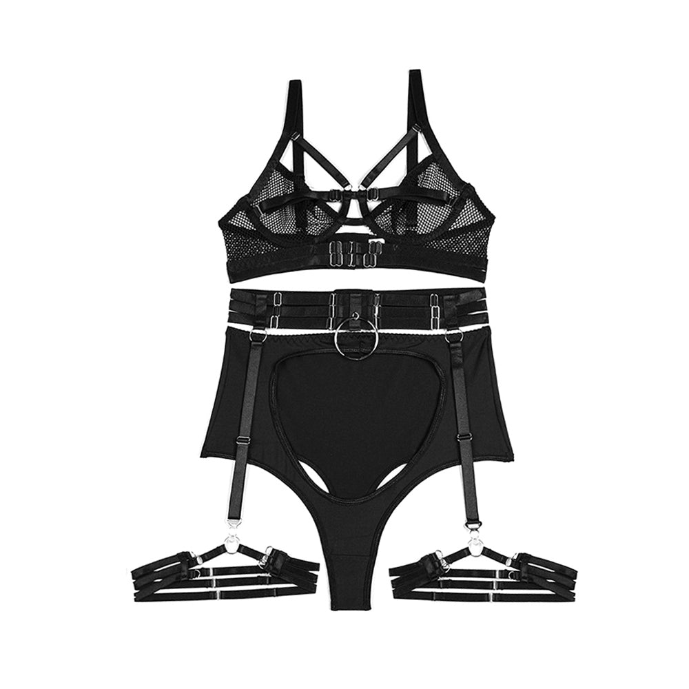 Popular black lingerie set: bra, thong, garter with ring - seductive essentials
