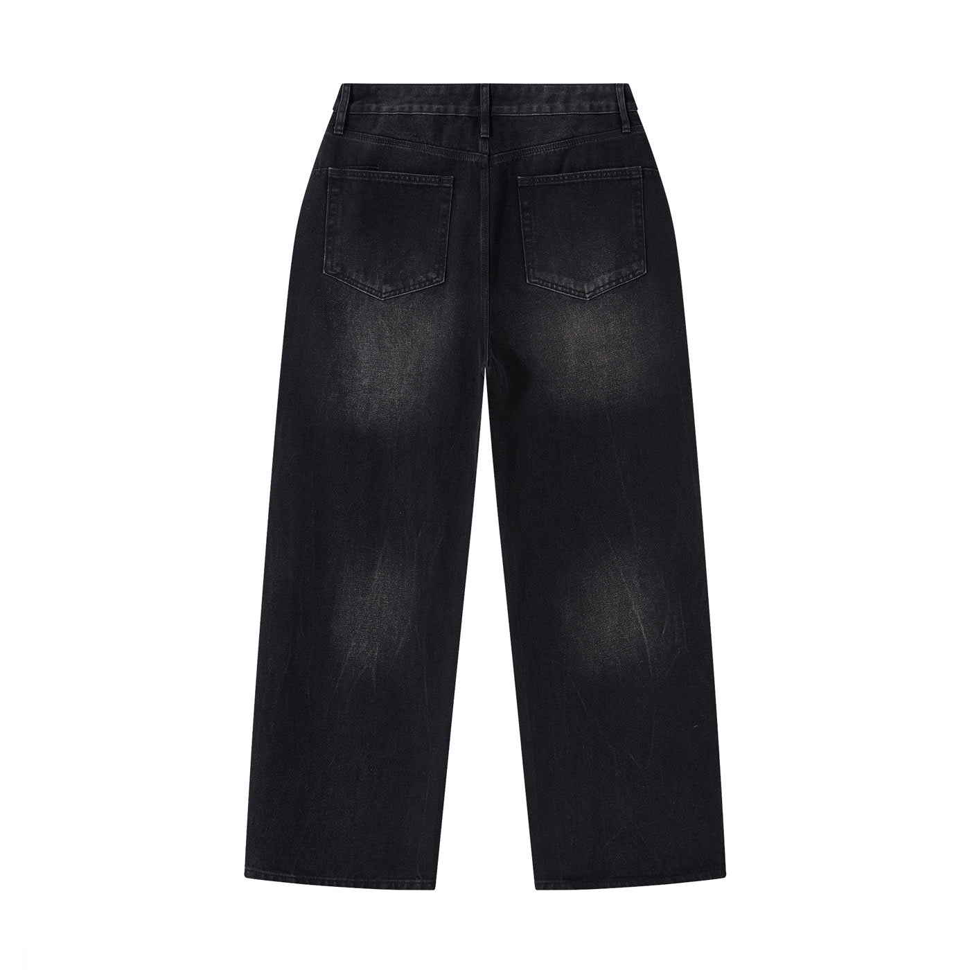 Flat lay of black baggy wide leg denim pants, back view showing five-pocket design