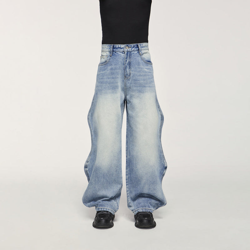 Front view of Light Blue Washed Baggy Wide Leg Jeans in vintage denim, featuring a relaxed fit and wide leg design.