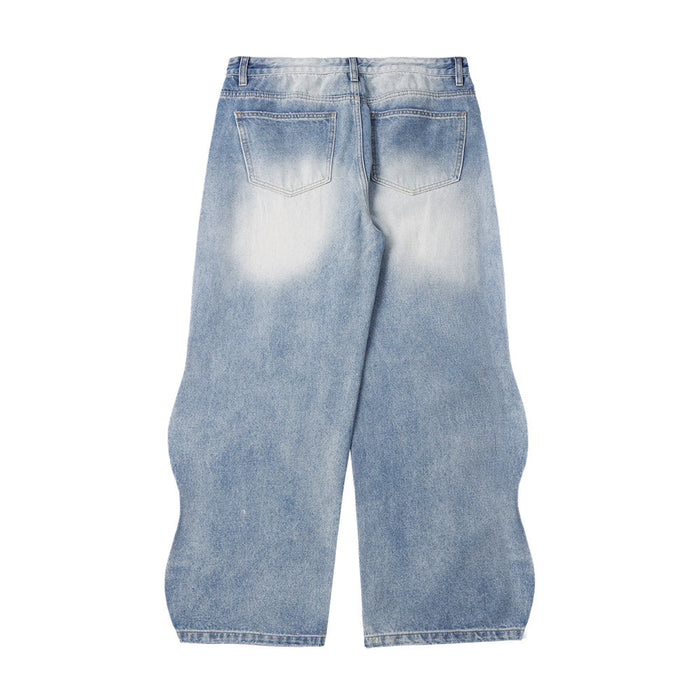 Beige Faded Blue Baggy Wide Leg Jeans