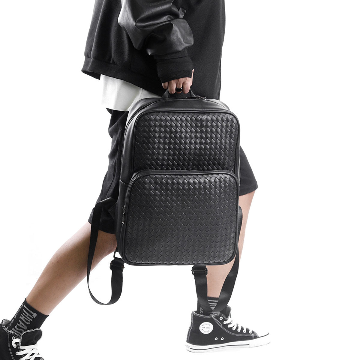 Woven Leather School Backpack with Laptop Compartment - Black, perfect for students