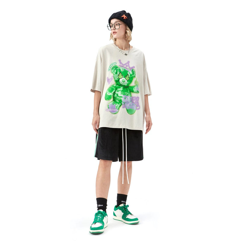 Reflective Teddy Fire Eyes T-Shirt - Graffiti Bear Tee in Beige