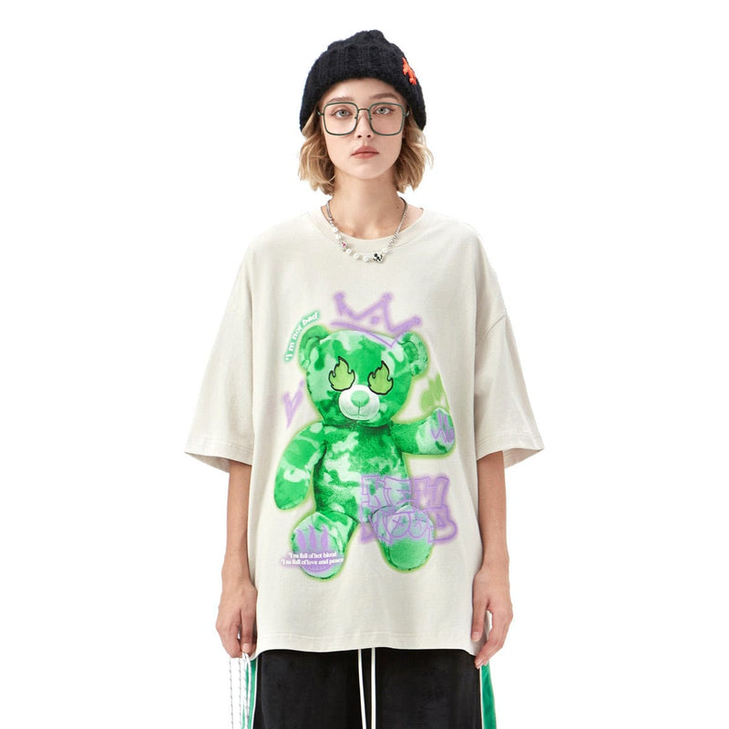 Reflective Teddy Fire Eyes T-Shirt - Graffiti Bear Tee in Beige