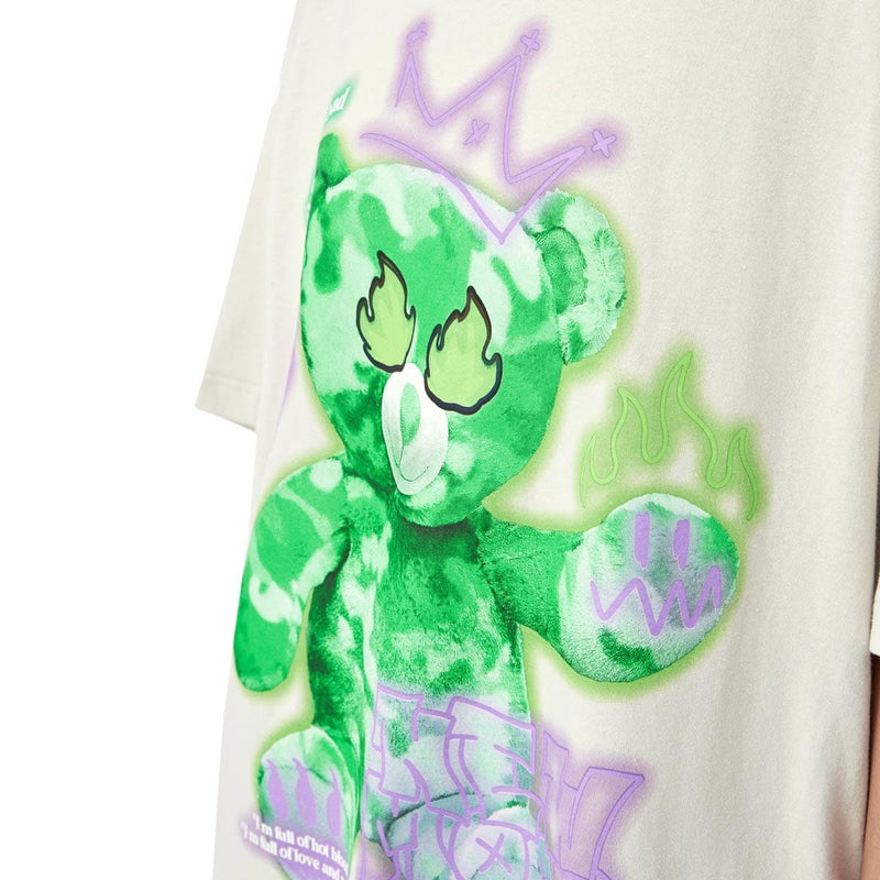 Reflective Teddy Fire Eyes T-Shirt - Graffiti Bear Tee in Beige