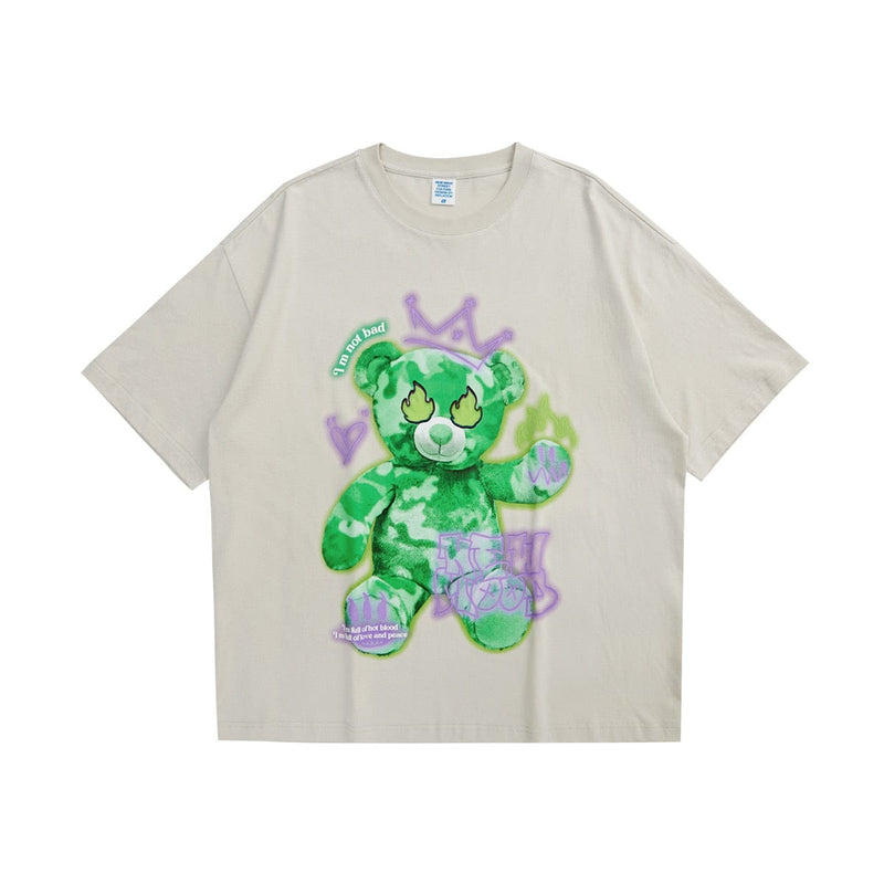 Reflective Teddy Fire Eyes T-Shirt - Graffiti Bear Tee in Beige