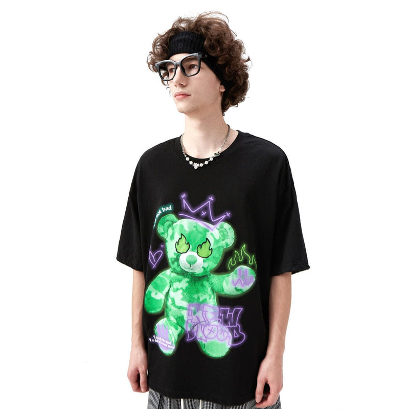 Reflective Teddy Fire Eyes T-Shirt - Graffiti Bear Tee in Black