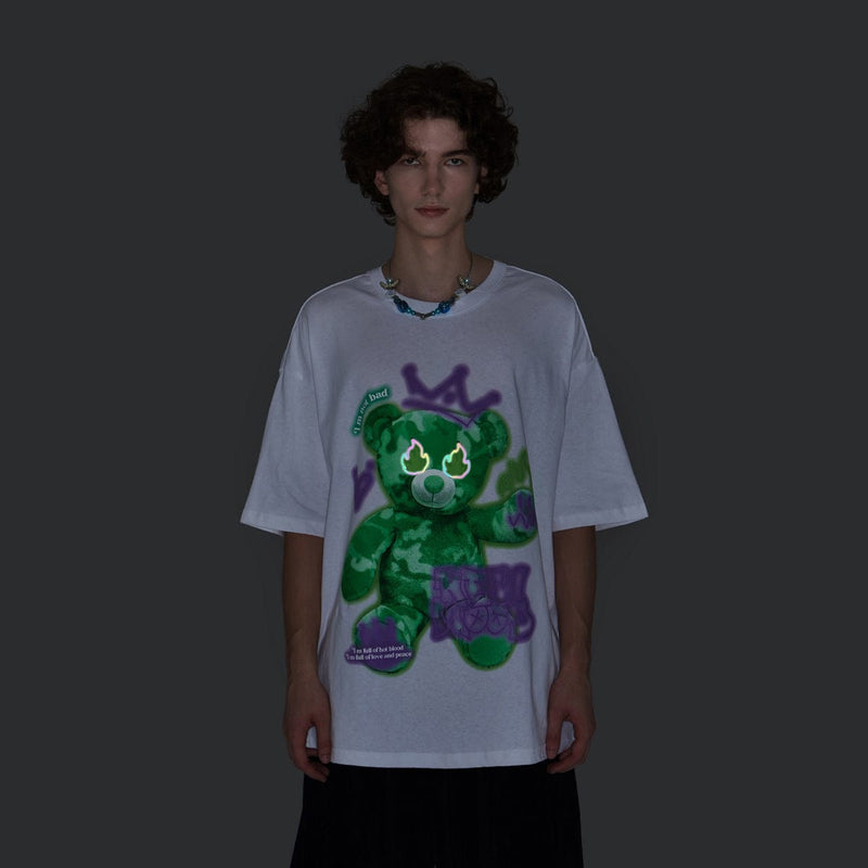 Reflective Teddy Fire Eyes T-Shirt - Graffiti Bear Tee in White