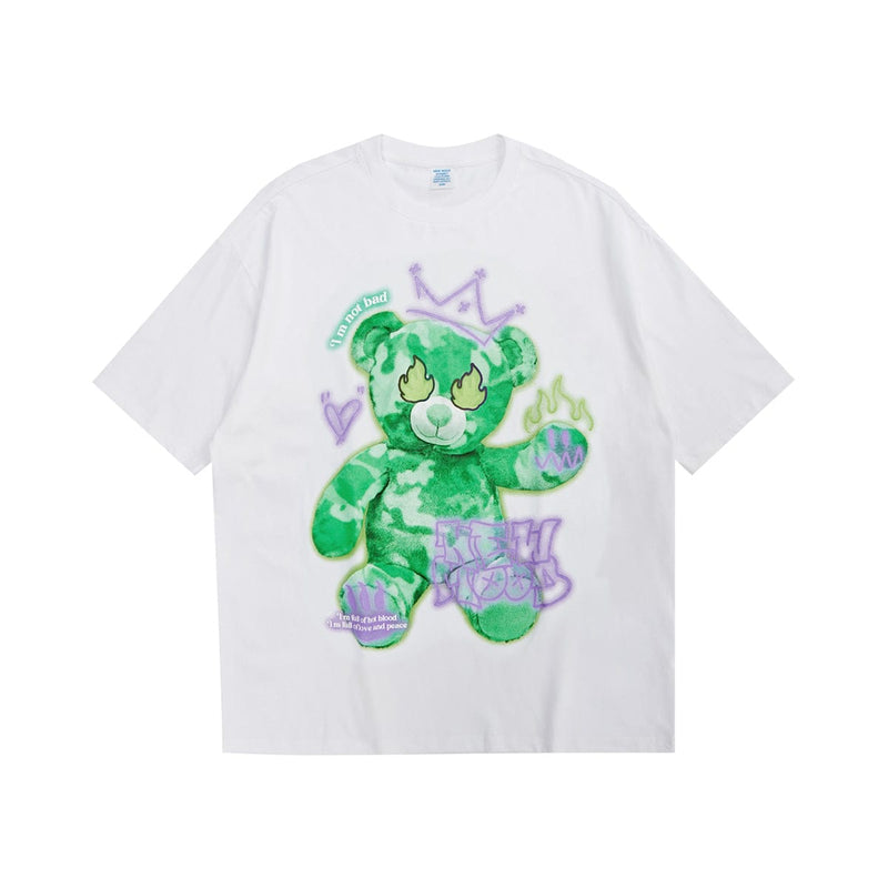 Reflective Teddy Fire Eyes T-Shirt - Graffiti Bear Tee in White