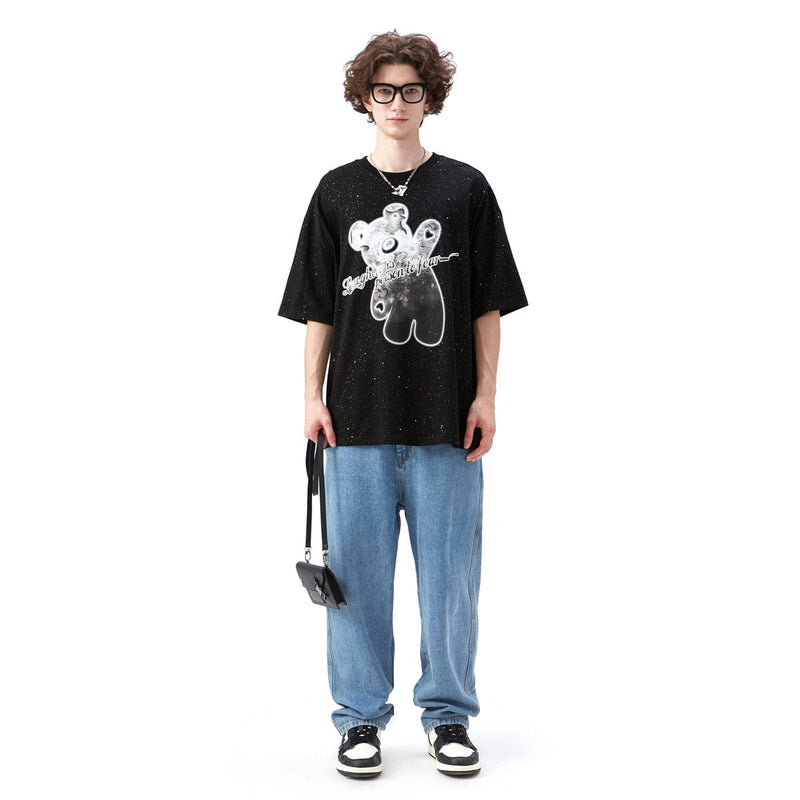 Space Teddy Bear T-Shirt - Glitter Oversized Tee in Black