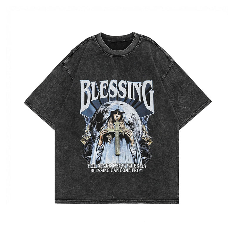 Blessing T-Shirt - Vintage Washed Gothic Cross Tee