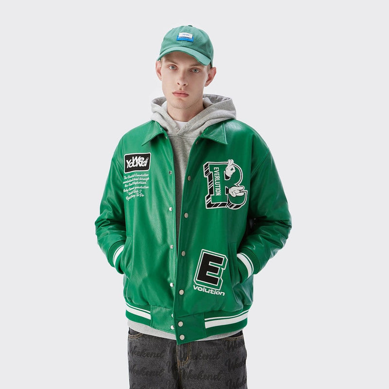 Evolution Varsity Jacket - Green Leather Baseball Jacket