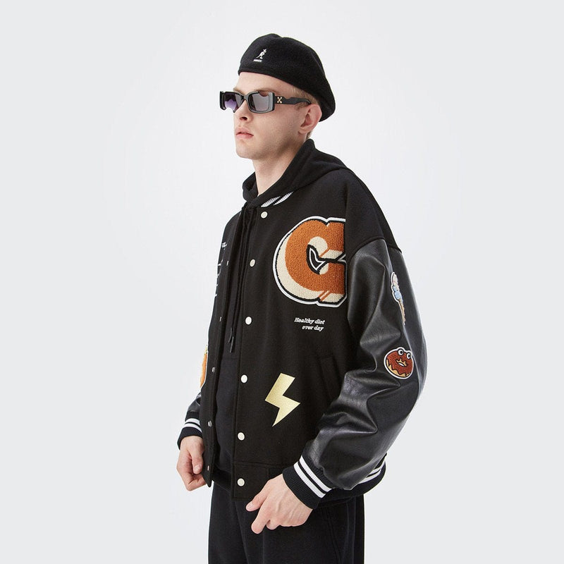 G Varsity Jacket - Black Leather Sleeves Letterman Jacket