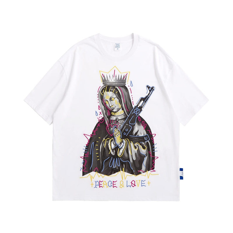 Peace and Love T-Shirt - Virgin Mary Pray with AK-47 Gun Tee