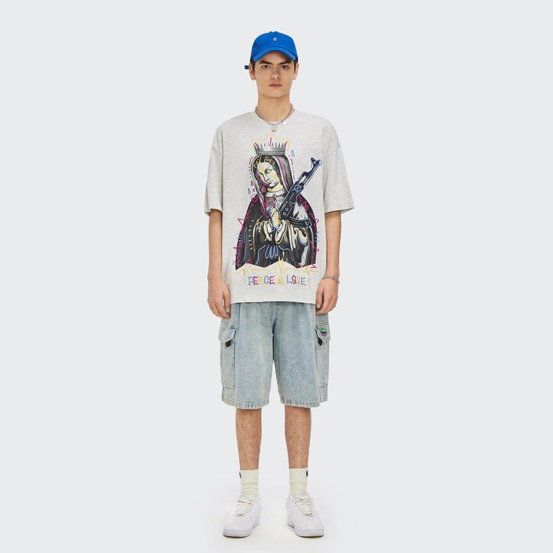 Peace and Love T-Shirt - Virgin Mary Pray with AK-47 Gun Tee