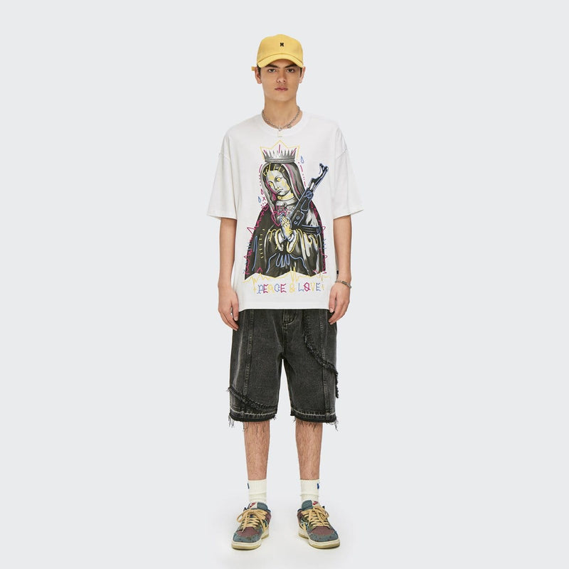 Peace and Love T-Shirt - Virgin Mary Pray with AK-47 Gun Tee