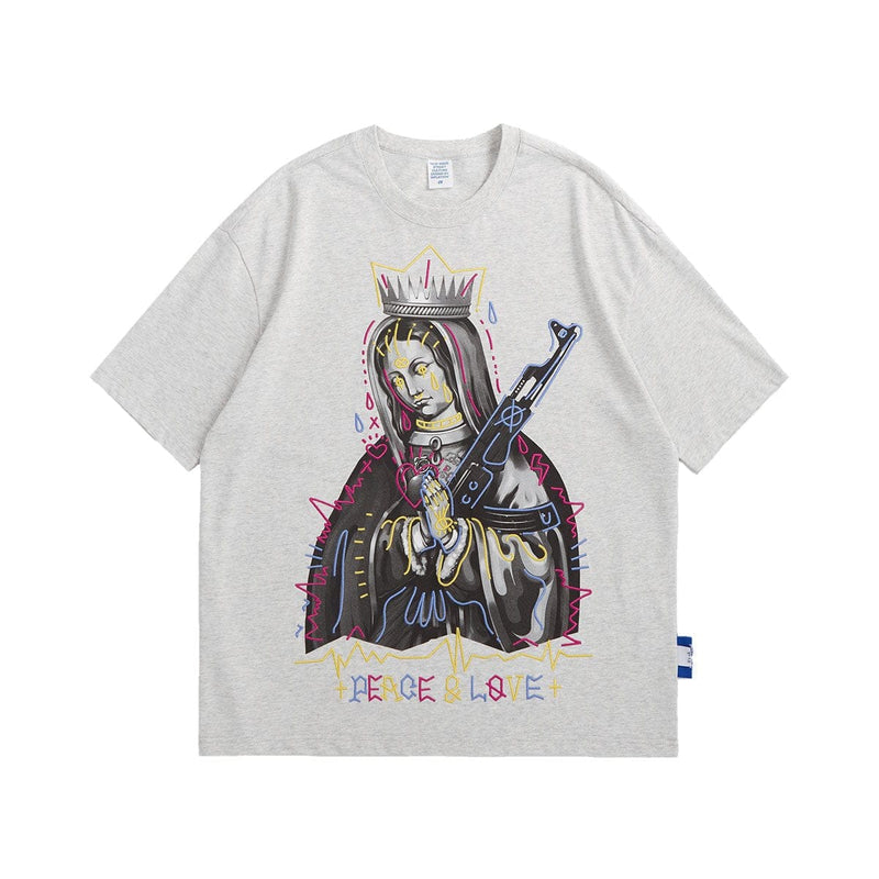 Peace and Love T-Shirt - Virgin Mary Pray with AK-47 Gun Tee