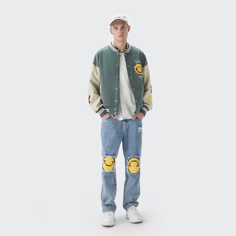 Poor Smiley Varsity Jacket - Emoji Leather Sleeves Jacket