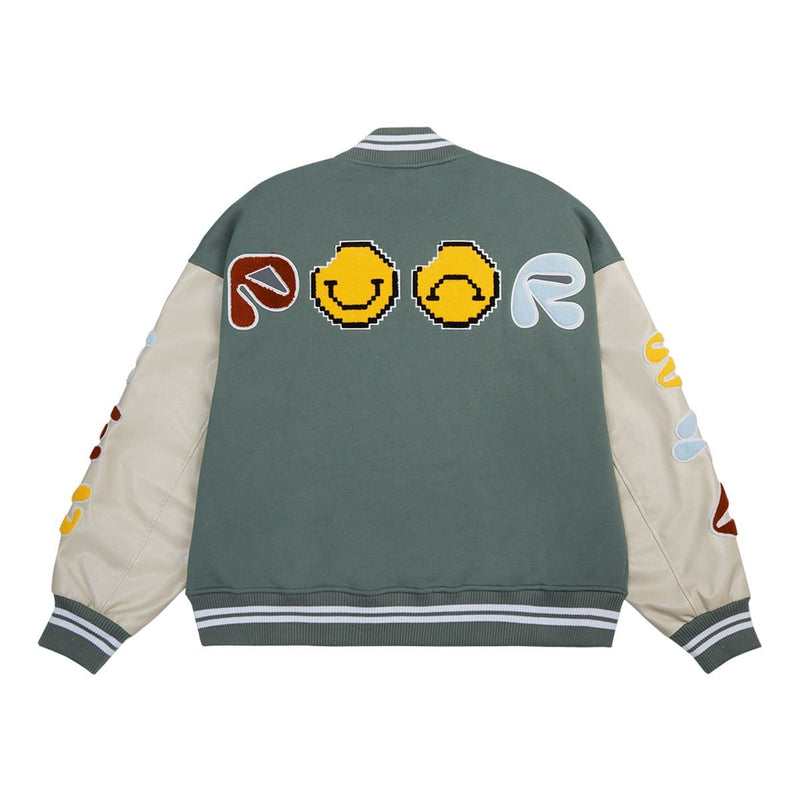 Poor Smiley Varsity Jacket - Emoji Leather Sleeves Jacket