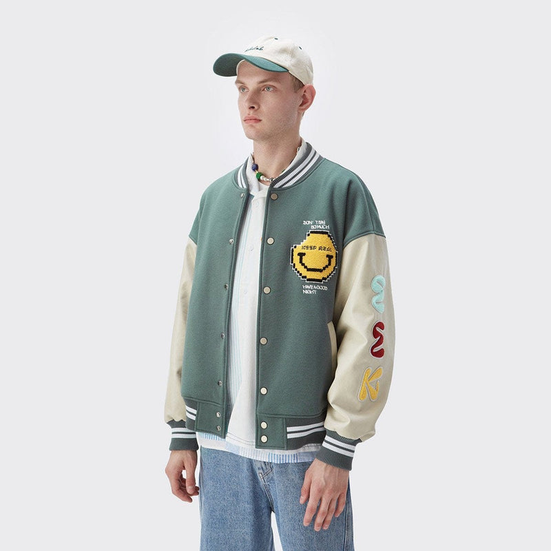 Poor Smiley Varsity Jacket - Emoji Leather Sleeves Jacket