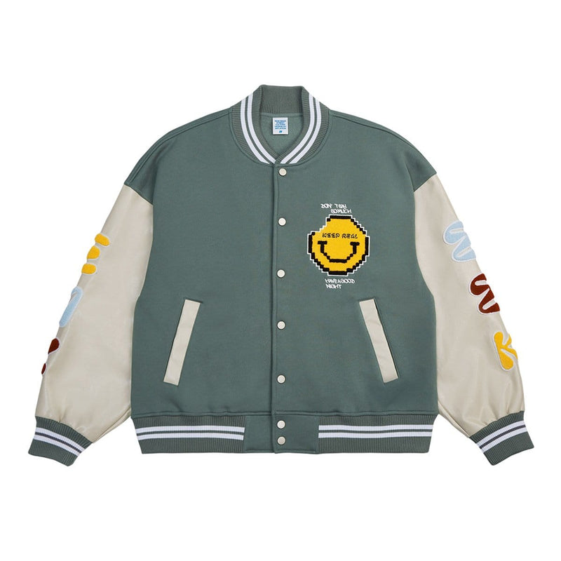 Poor Smiley Varsity Jacket - Emoji Leather Sleeves Jacket